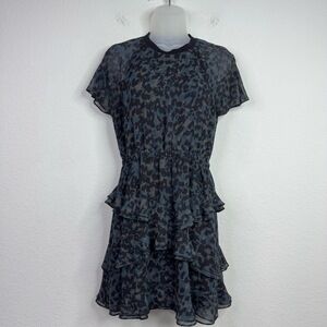 Madewell Dress Womens 0 Black Animal Print‎ Leopard Ruffle Tiered Cocktail Party